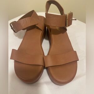 BAMBOO Tan Wide-Strap Ankle Buckle Sandals